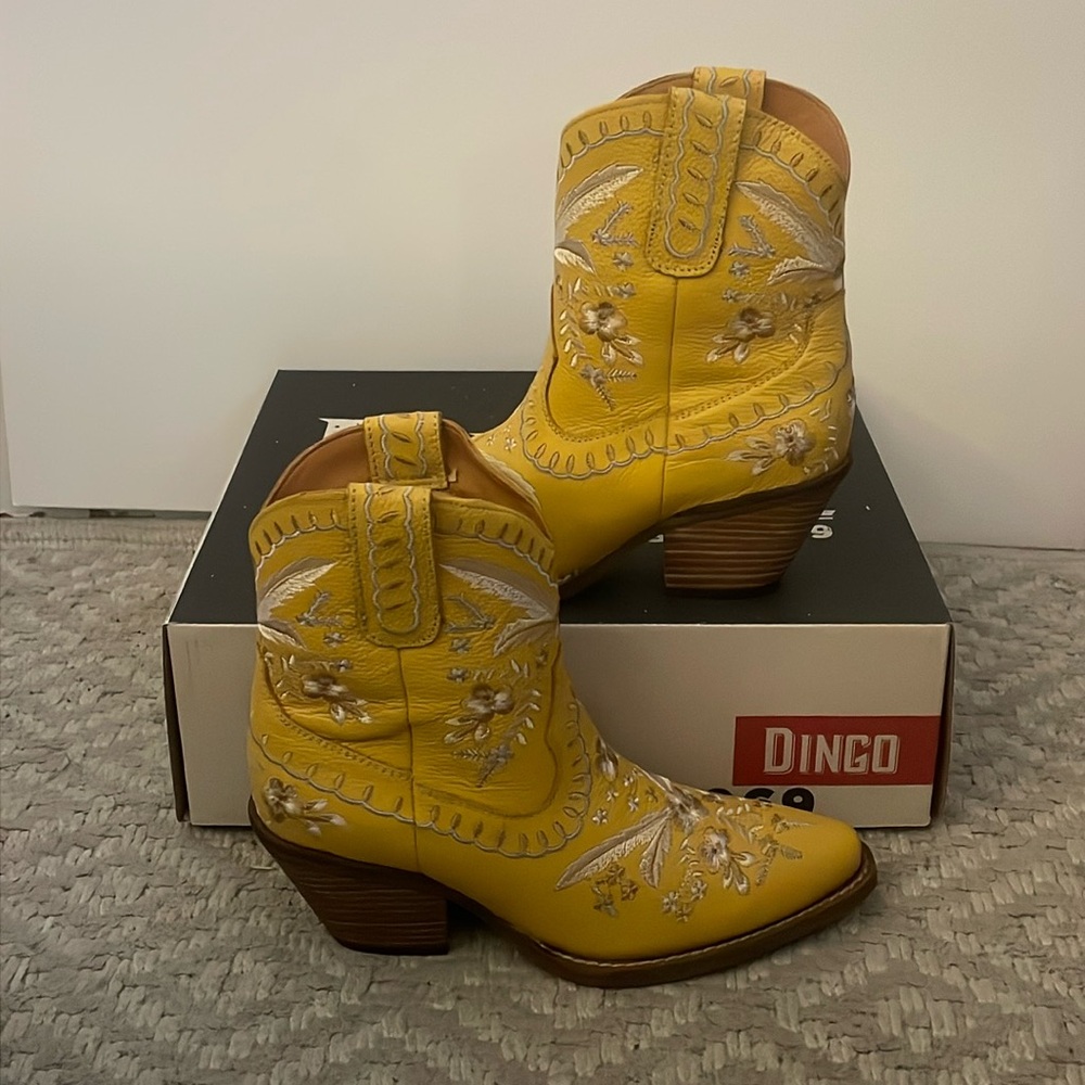 dingo Yellow Floral Embroidered Western Ankle Boots